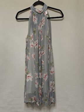 Easley Halter Floral Chiffon Midi Dress - Light Gray with Pink Flowers, Small